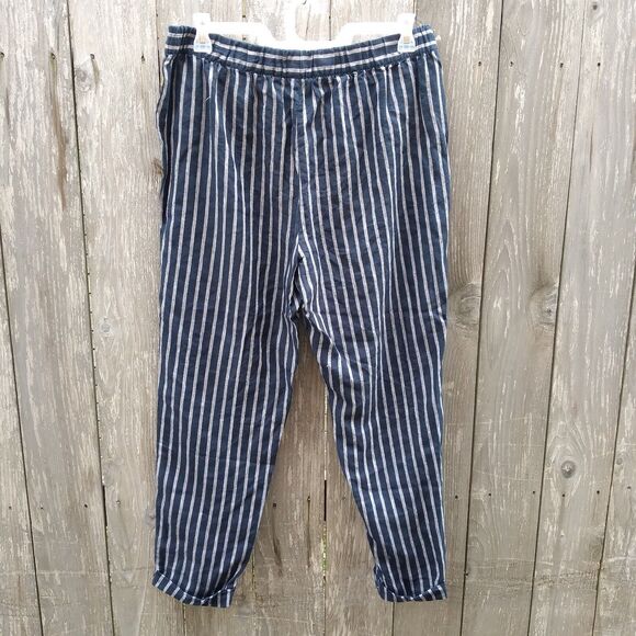 Ellen Tracy size L pull on pants 100% linen stripe dark navy gray - Picture 5 of 8